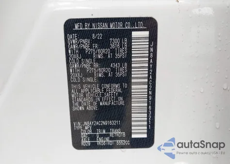 2022 Nissan Armada Sv 2Wd из США, поврежденный, VIN JN8AY2AC2N9163211